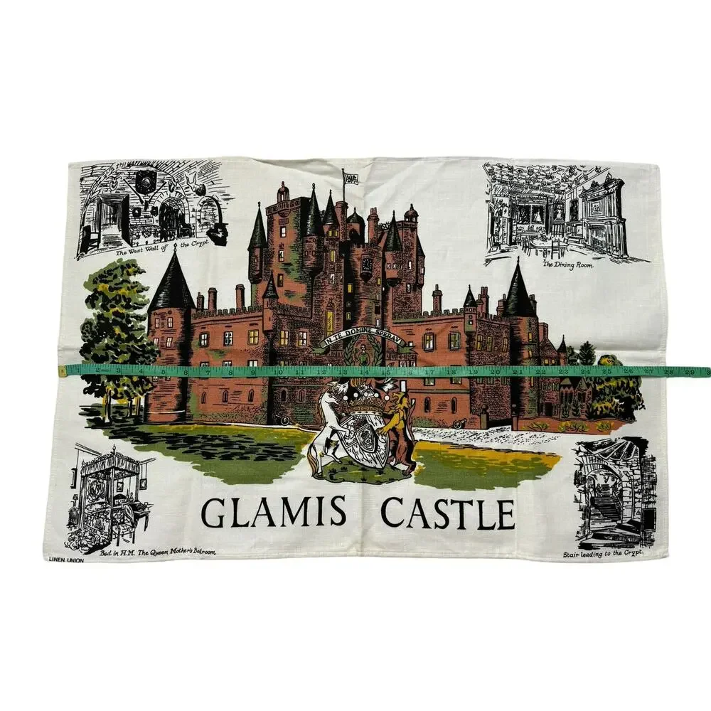 Vintage Glamis Castle Scotland Tea Towel Dishcloth UK Linen Union Brown Green